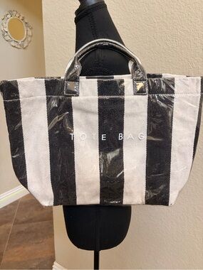Black and White Striped Tote Bag with Top Handles